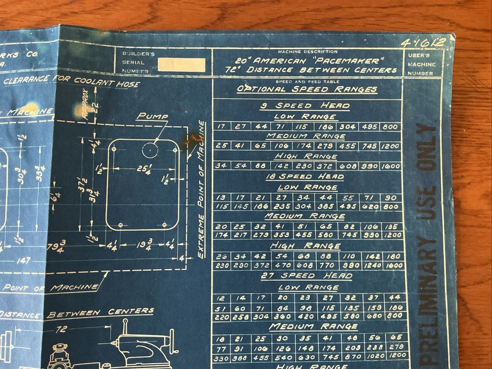 1940 American Pacemaker Lathe Blueprint Data Sheet 20" Machine Tool Works 17x11
