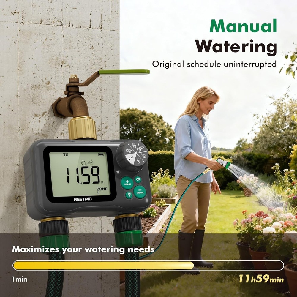 Remote Control Brass Sprinkler Timer 2 Zone - Max 11h59m Watering Precision