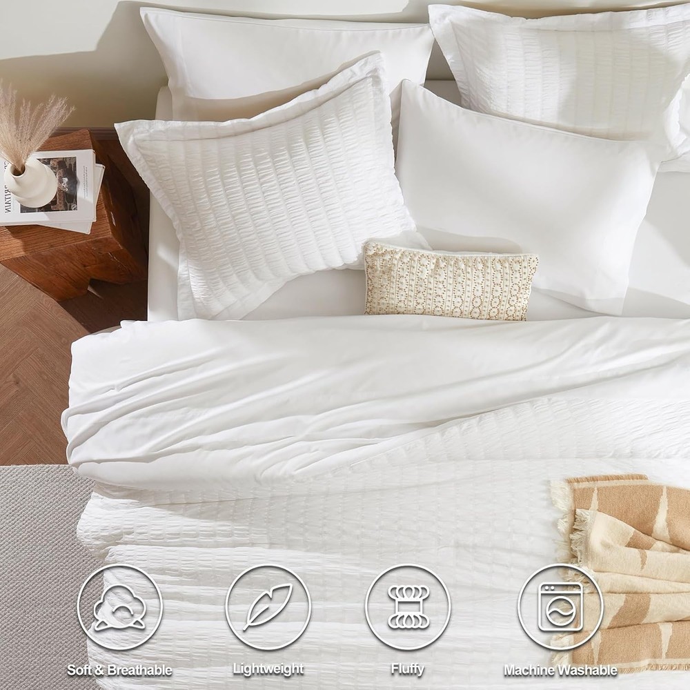 White Seersucker Queen Comforter Set 7 Pieces