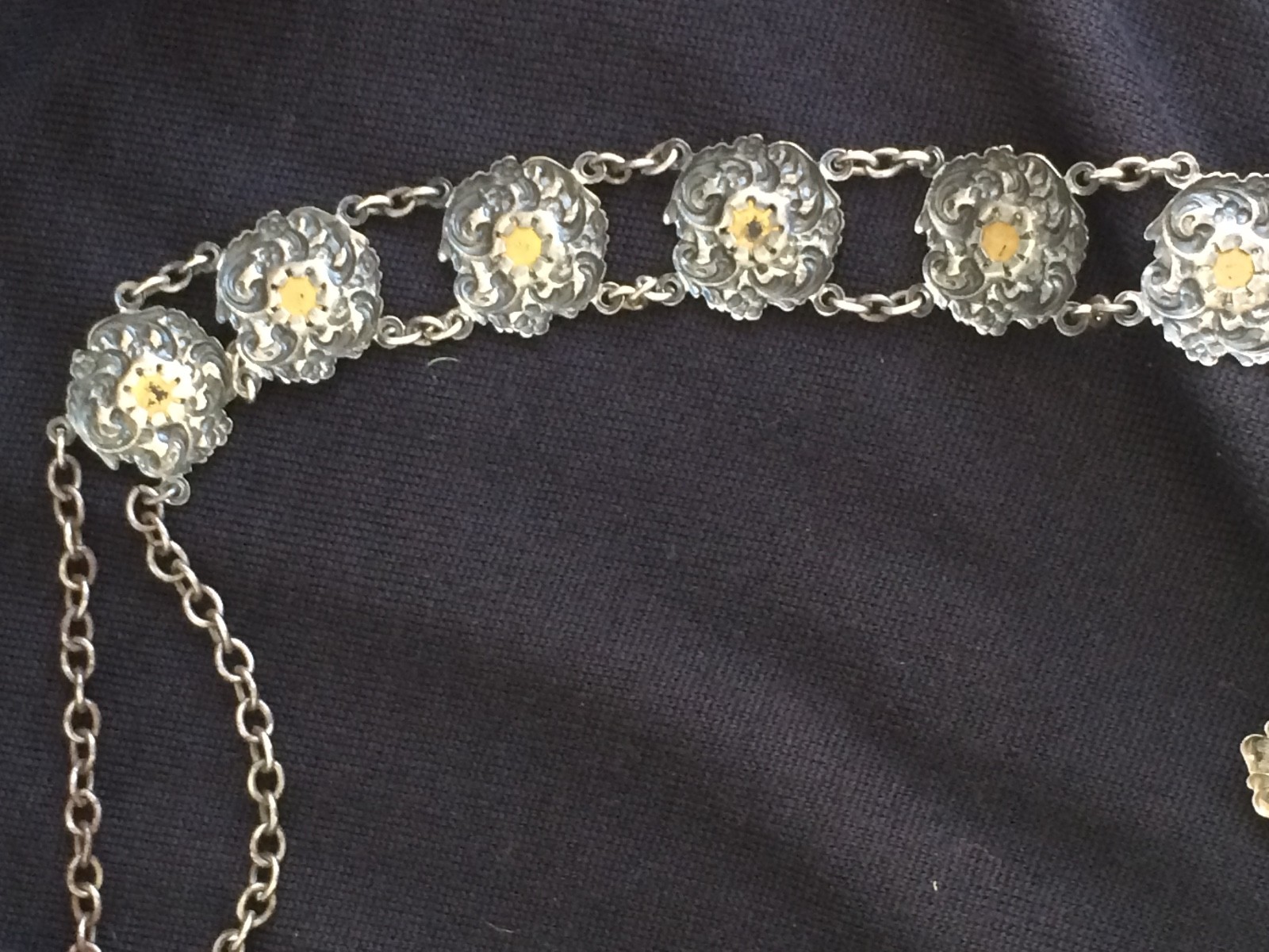 Antique Art Nouveau Victorian Belt SilverPlate Embossed Emerald Glass Stones 30"