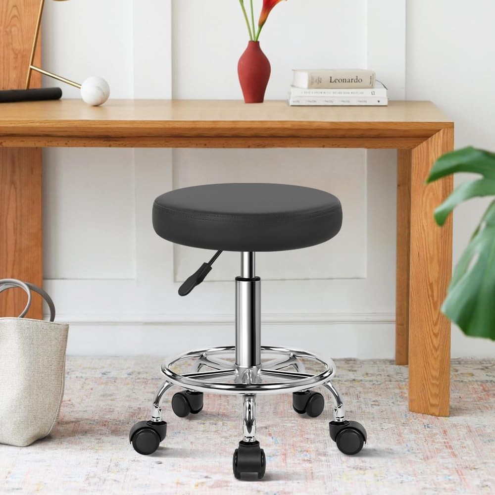 Round Rolling Stool with Footrest PU Leather Height Adjustable 360° Swivel St...