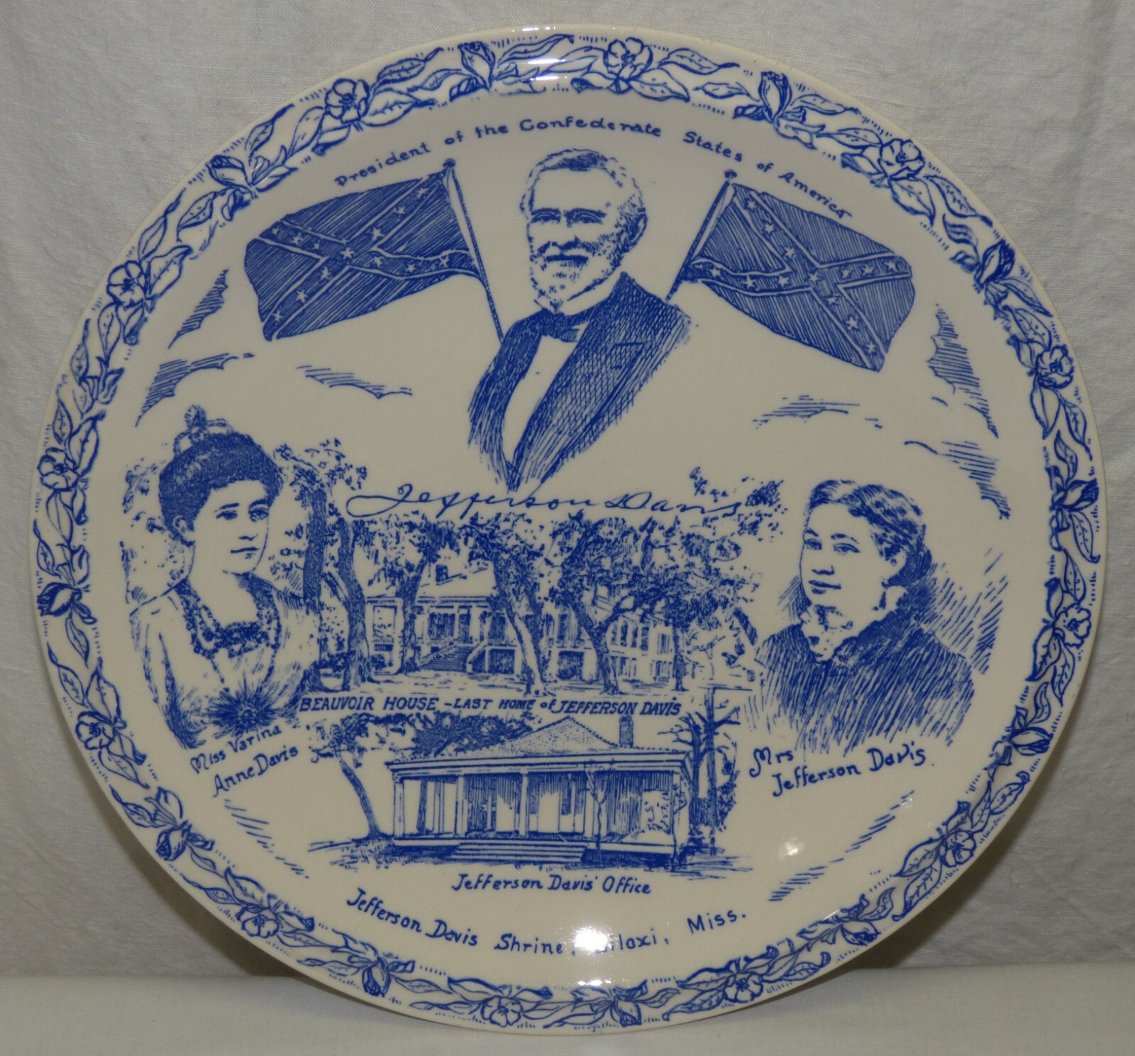 Vintage Vernon Kilns BEAUVOIR Jefferson Davis Home White Blue Ceramic Plate 10"