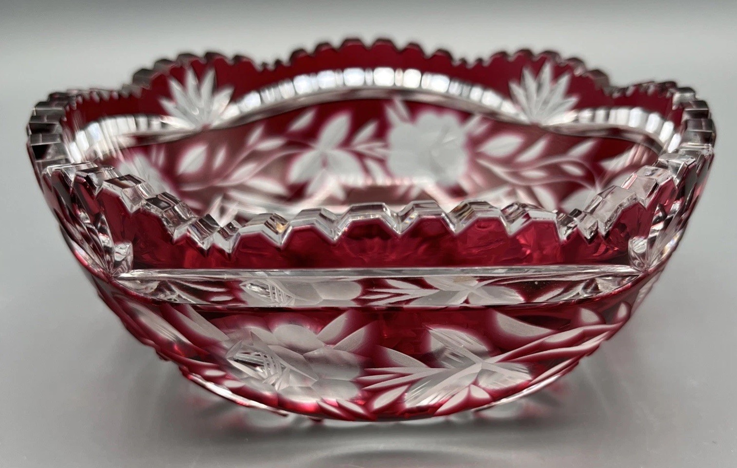 Vintage Ruby Red Cut to Clear Crystal Bowl Sawtooth Rim Etched Roses Starburst