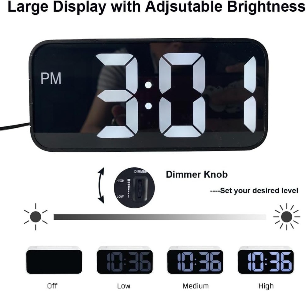 Square LED Single Alarm Clock with Snooze Function for Bedroom, Clear LED Dis...
