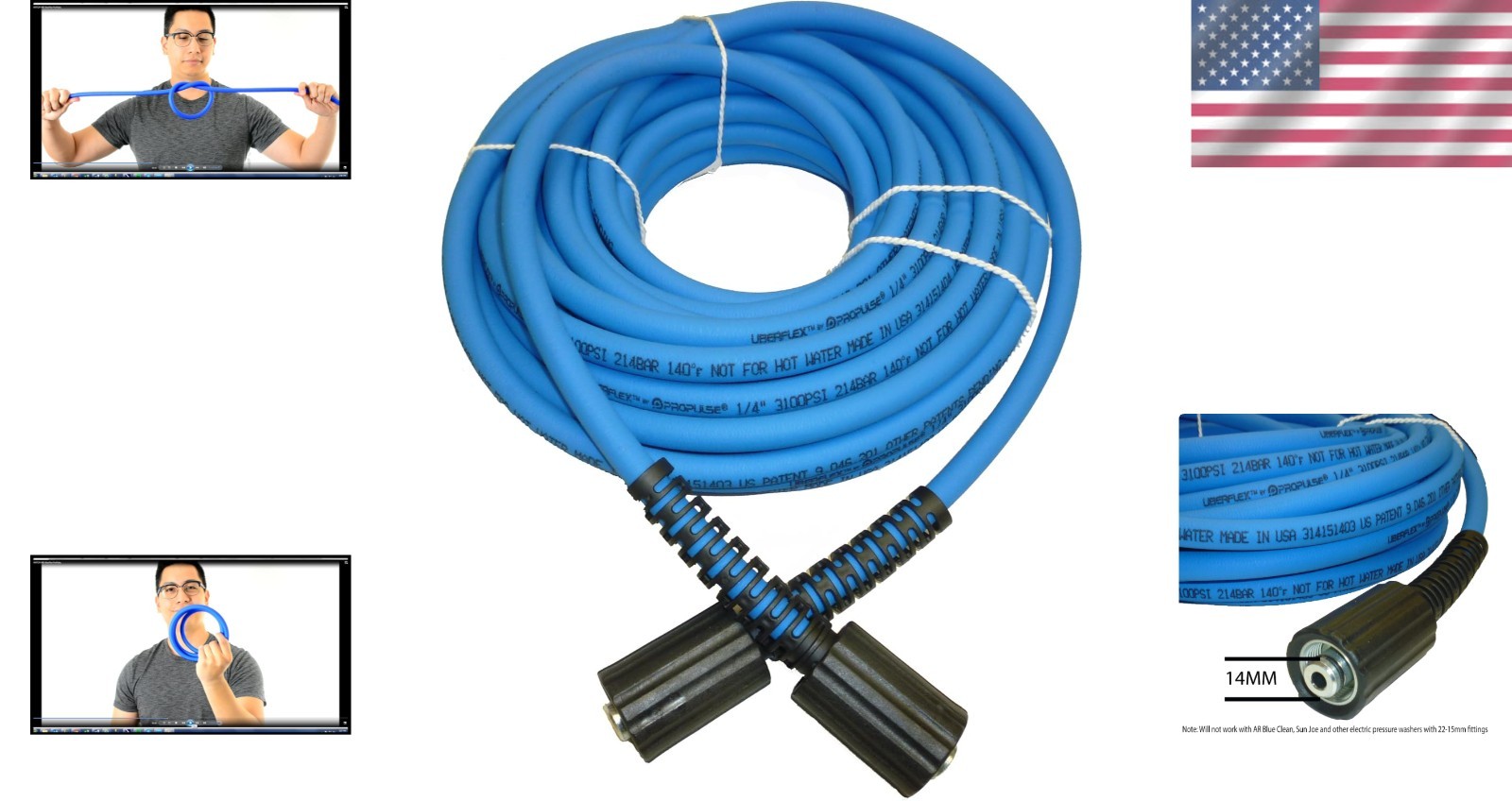 UBERFLEX™ Kink Resistant Pressure Washer Hose 1/4", 3,100 PSI with (2) 22MM - Ma