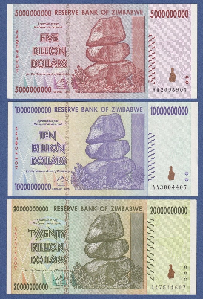 ZIMBABWE BILLION SERIES - 5, 10, 20 BILLION NOTE SET (2008)- AA PREFIX aUNC/UNC