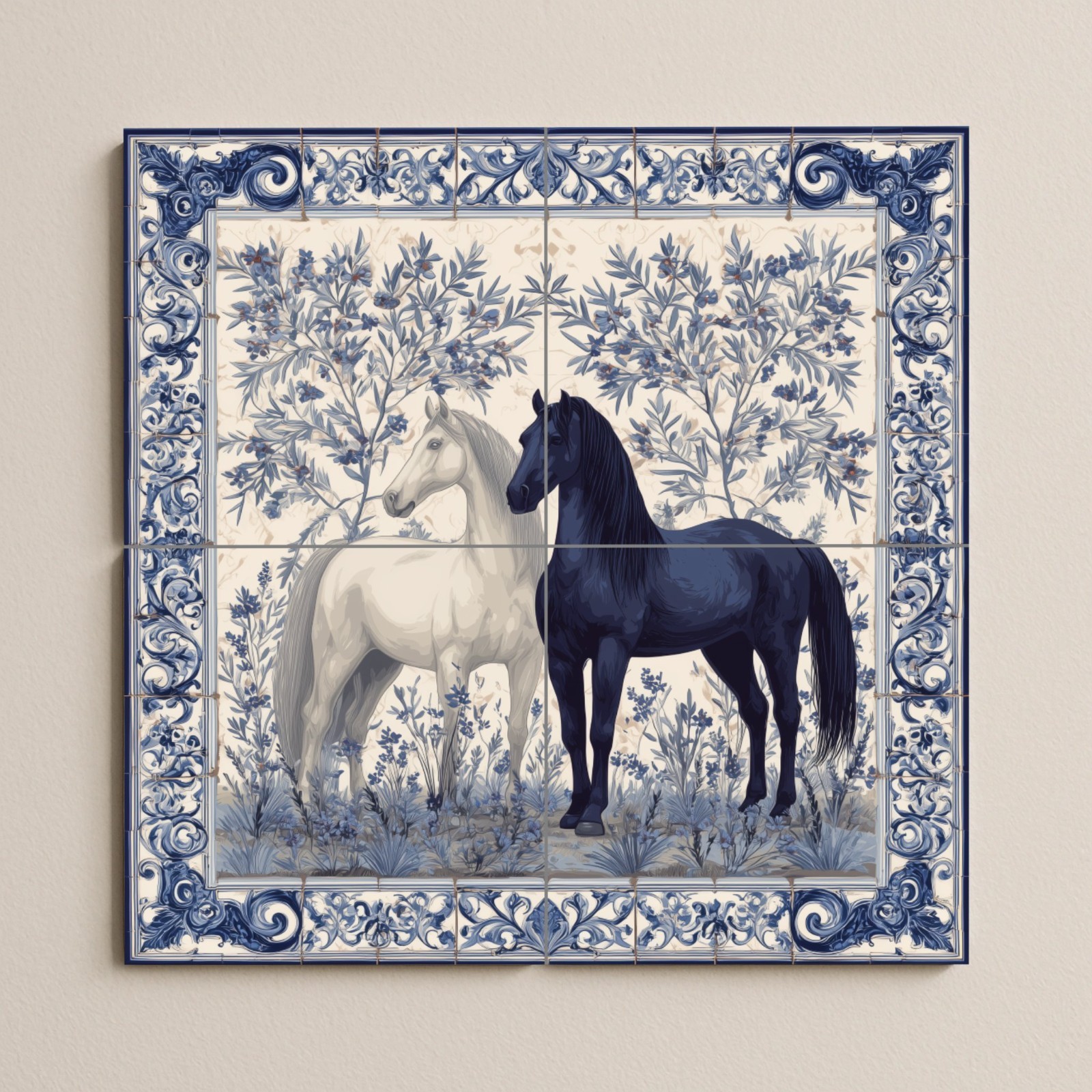 Equestrian Ceramic Tile Mural – Black & White Horses, Blue Floral Wall Art