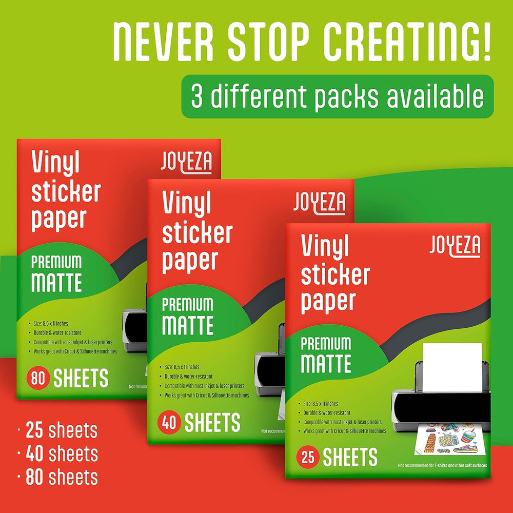 Premium Printable Vinyl Sticker Paper for Inkjet Printer - 25 Sheets Matte White
