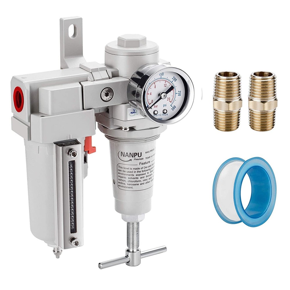 High Pressure Air Filter/Regulator Combo, T-Handle, Semi-Auto Drain, 3/4" NPT
