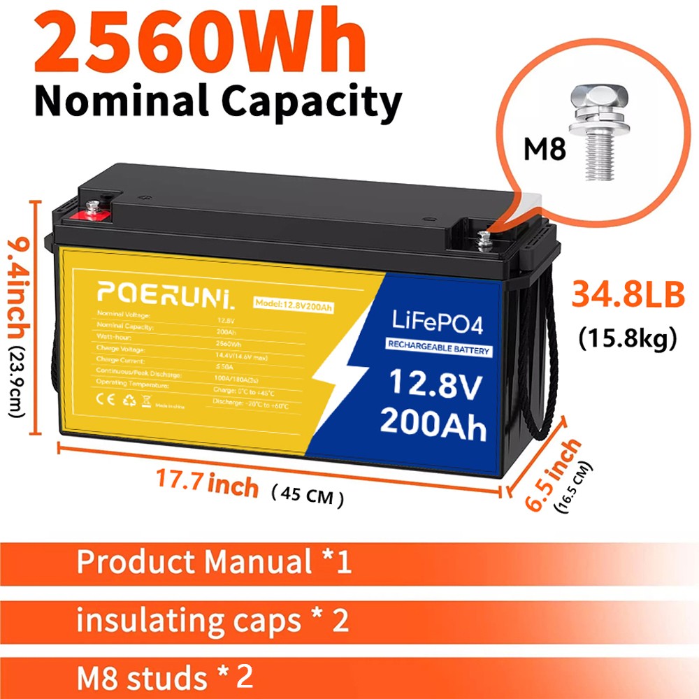 200Ah 12V LiFePO4 Lithium Battery Built-in BMS for RV Marine Off-Grid Solar