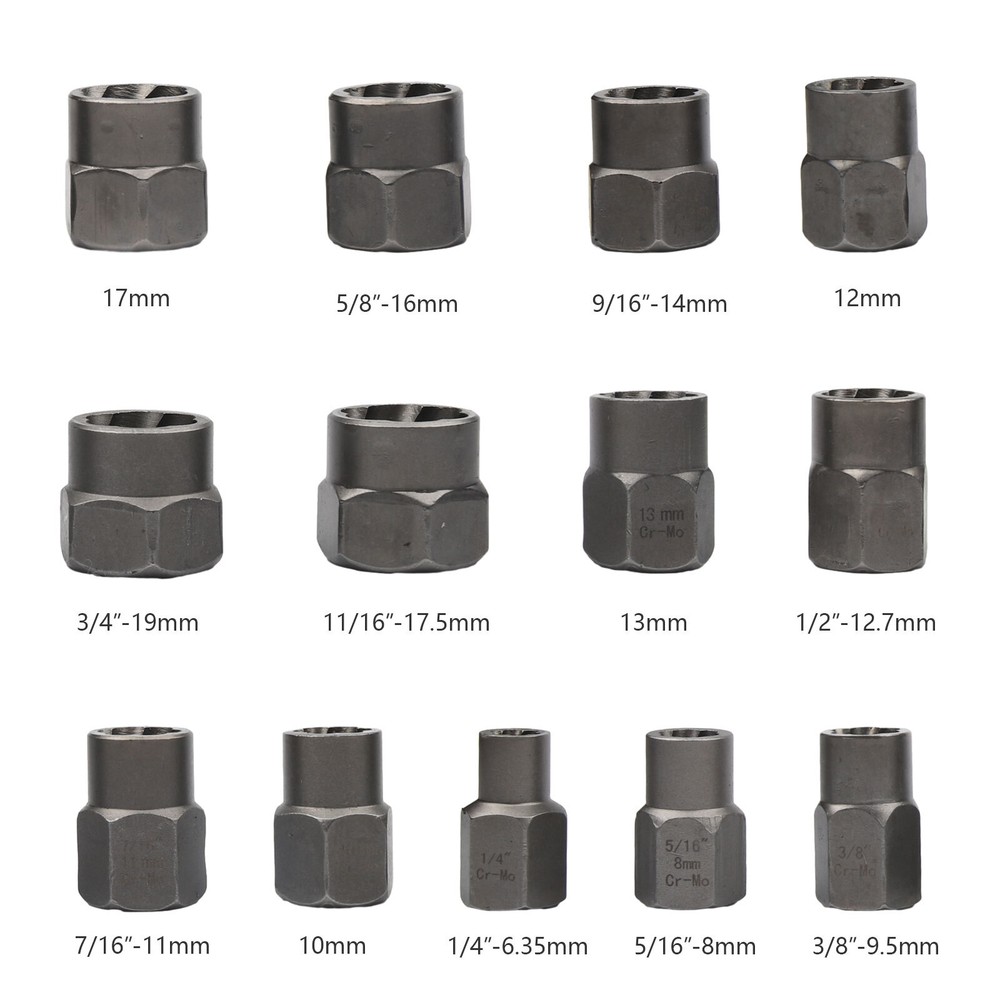 15PC Impact Bolt & Nut Remover Set Extractor Damaged Rusted Adapter Storage Case