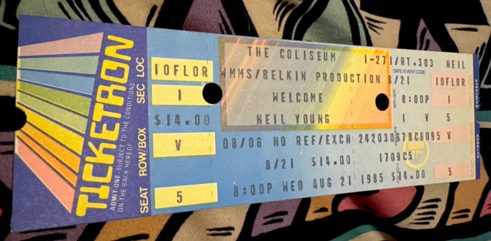 NEIL YOUNG - THE INTER. HARVESTERS -RICHFIELD COLISEUM -AUGUST 21, 1985 - TICKET