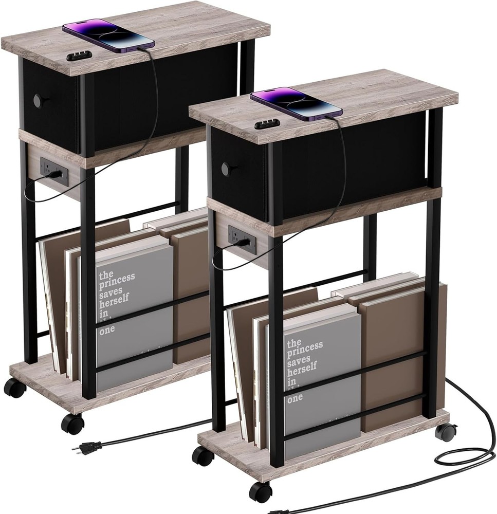 Narrow Side Table 1PC Grey & Black Two-Tone End Table W/ Charging Station Drawer