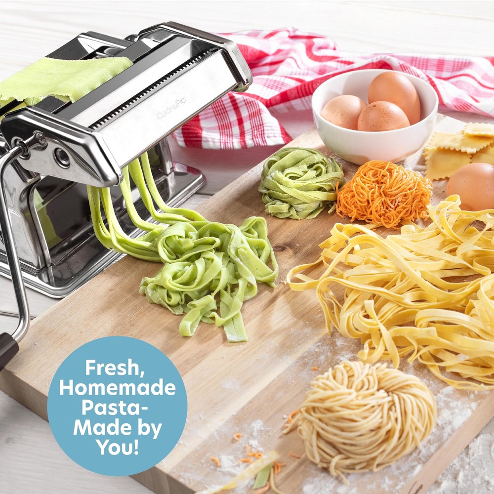 Pasta Maker Deluxe Set- Stainless Steel Machine w 3 Interchangeable Attachmen...