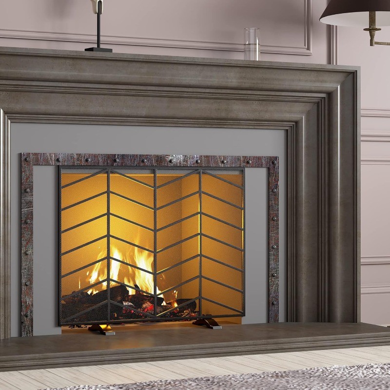Single Panel Handcrafted Wrought Iron Mesh Chevron Fireplace Screen Fire Spark