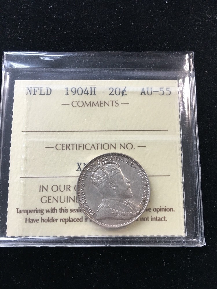 1904H  ICCS Graded Newfoundland,  ¢20 Cent, **AU-55**