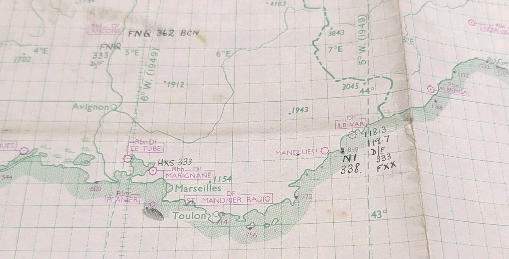 Original War Office Plotting map London-Gibraltar-Malta 1949 With Ops Markings