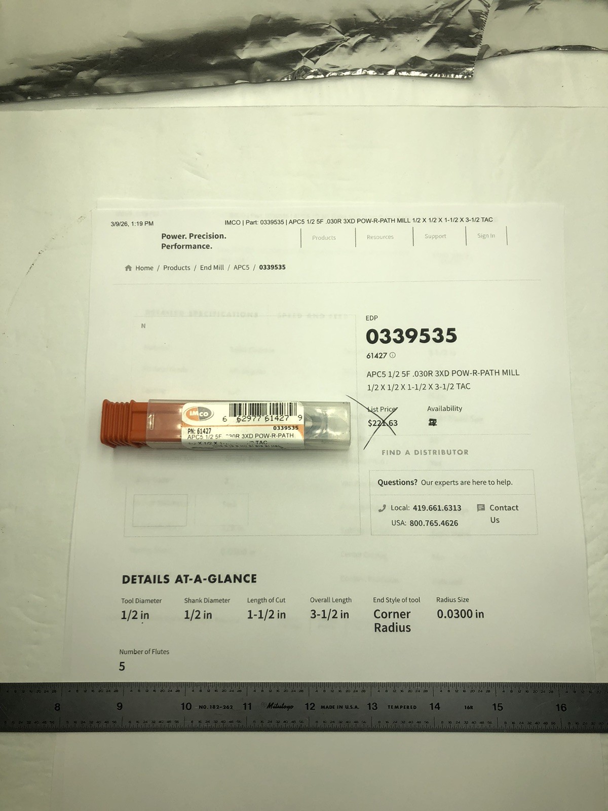 IMCO 1/2" x 1-1/2" x 3-1/2" OAL Solid Carbide End Mill 5 Flute POW-R-PATH 339535