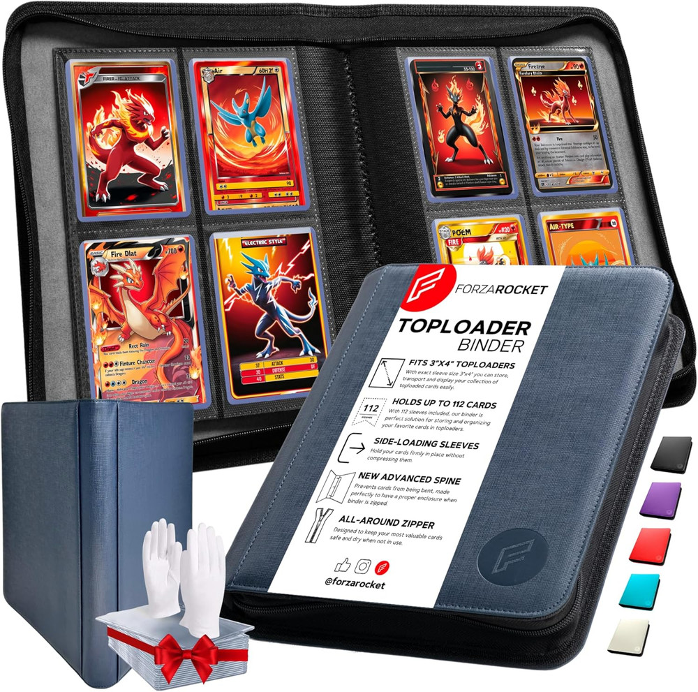 4 Pocket Toploader Binder, Holds 112 Top Loaders, 8 INCLUDED, Waterproof PU Leat