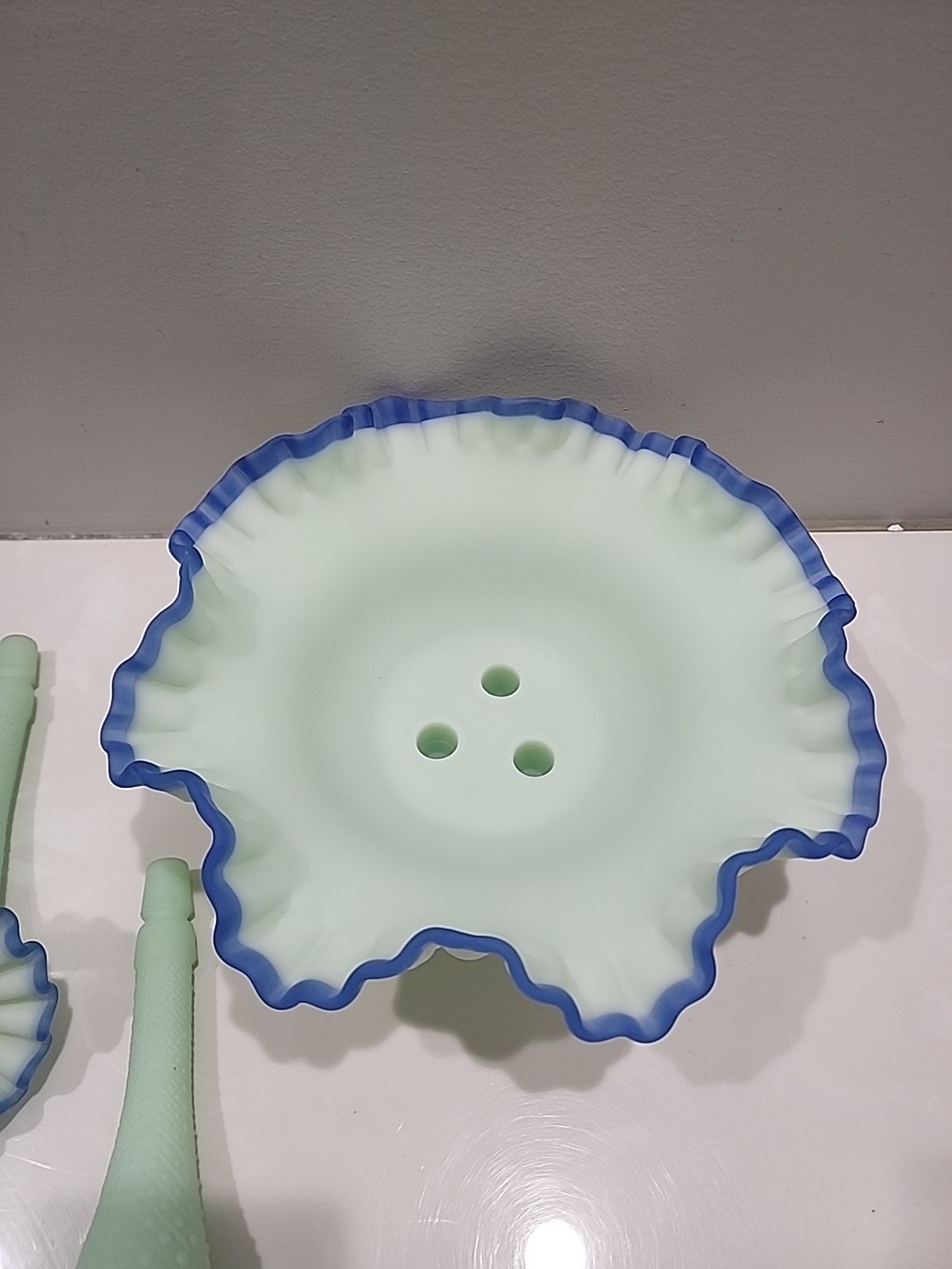 Fenton Cobalt Crest Satin Green Epergne ~ Harder To Find ~ EXQUISITE!!!