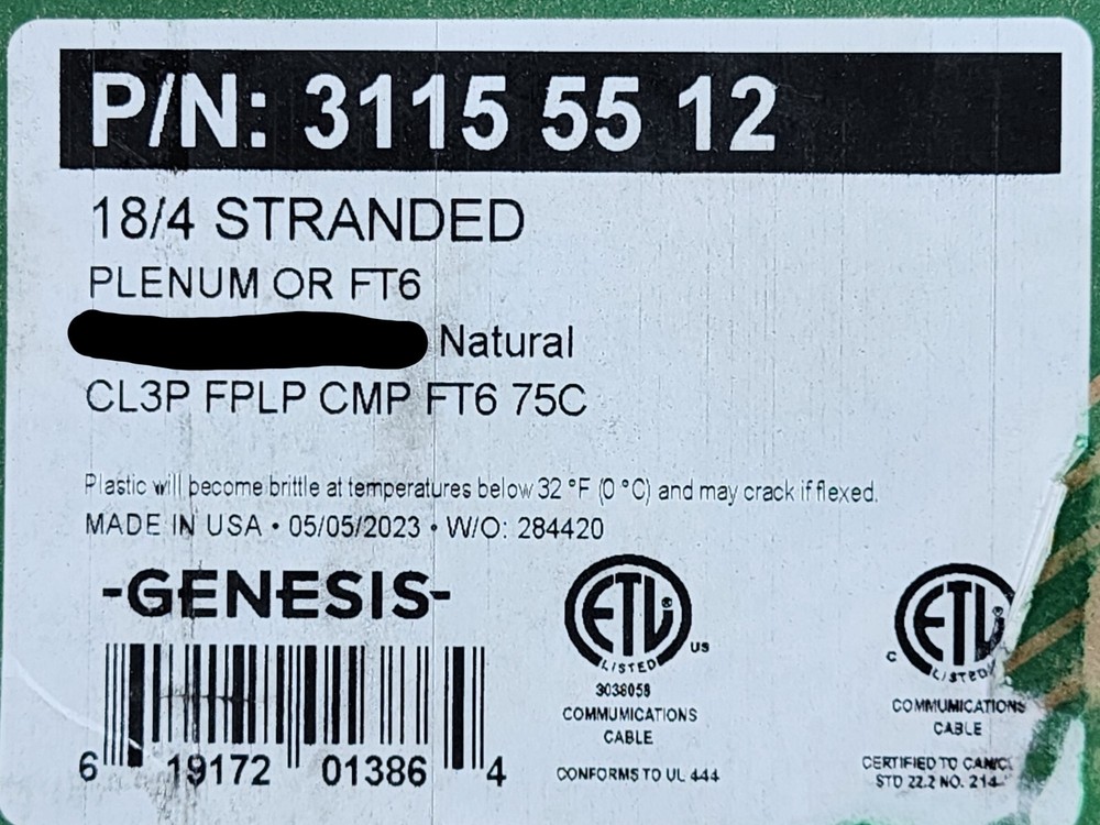 Honeywell Genesis 3115 18/4C Plenum Security/Control Cable CMP FPLP White /50ft