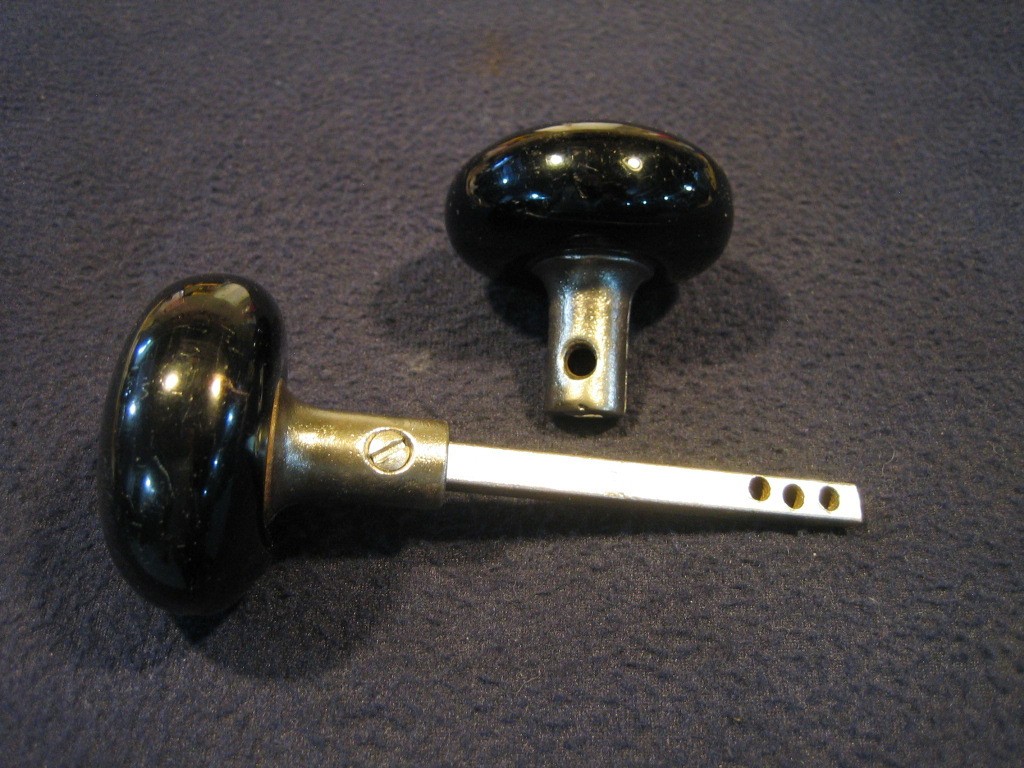 Nice Pair Antique Victorian Jet Black Porcelain Door Knobs 5/8 Shanks - 1890's
