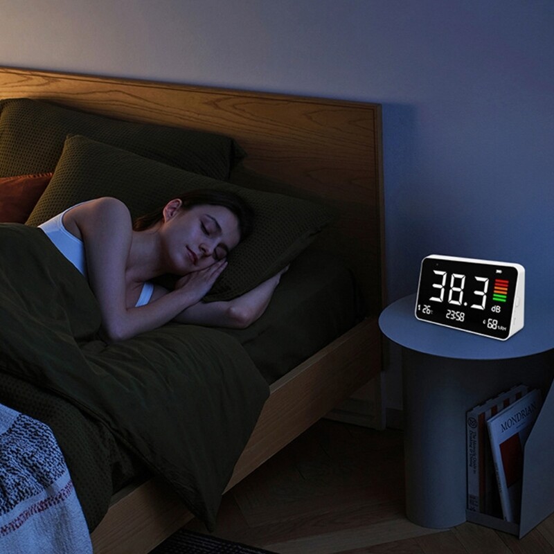 Desktop Digital Decibel Meter 30-130dBA with Time Temperature Humidity Display