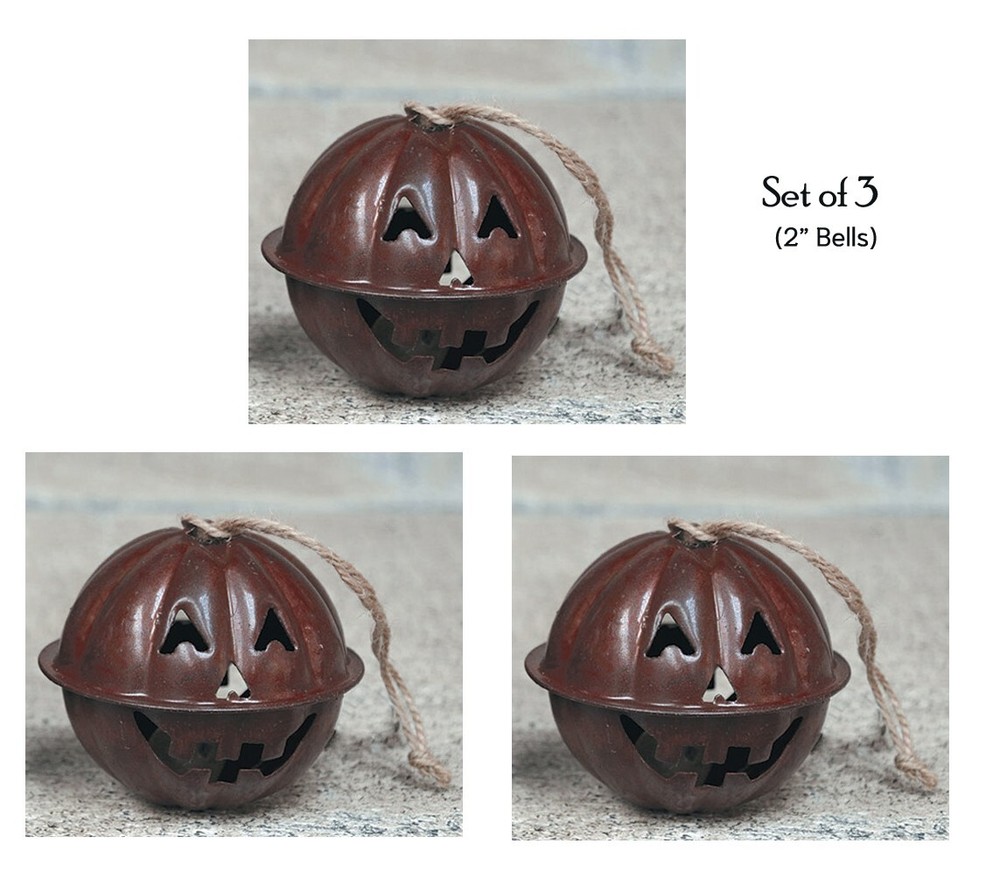 3 pc Rusty Tin PUMPKIN Jingle Bells Jack-O-Lantern 2" diameter - Fall Ornaments
