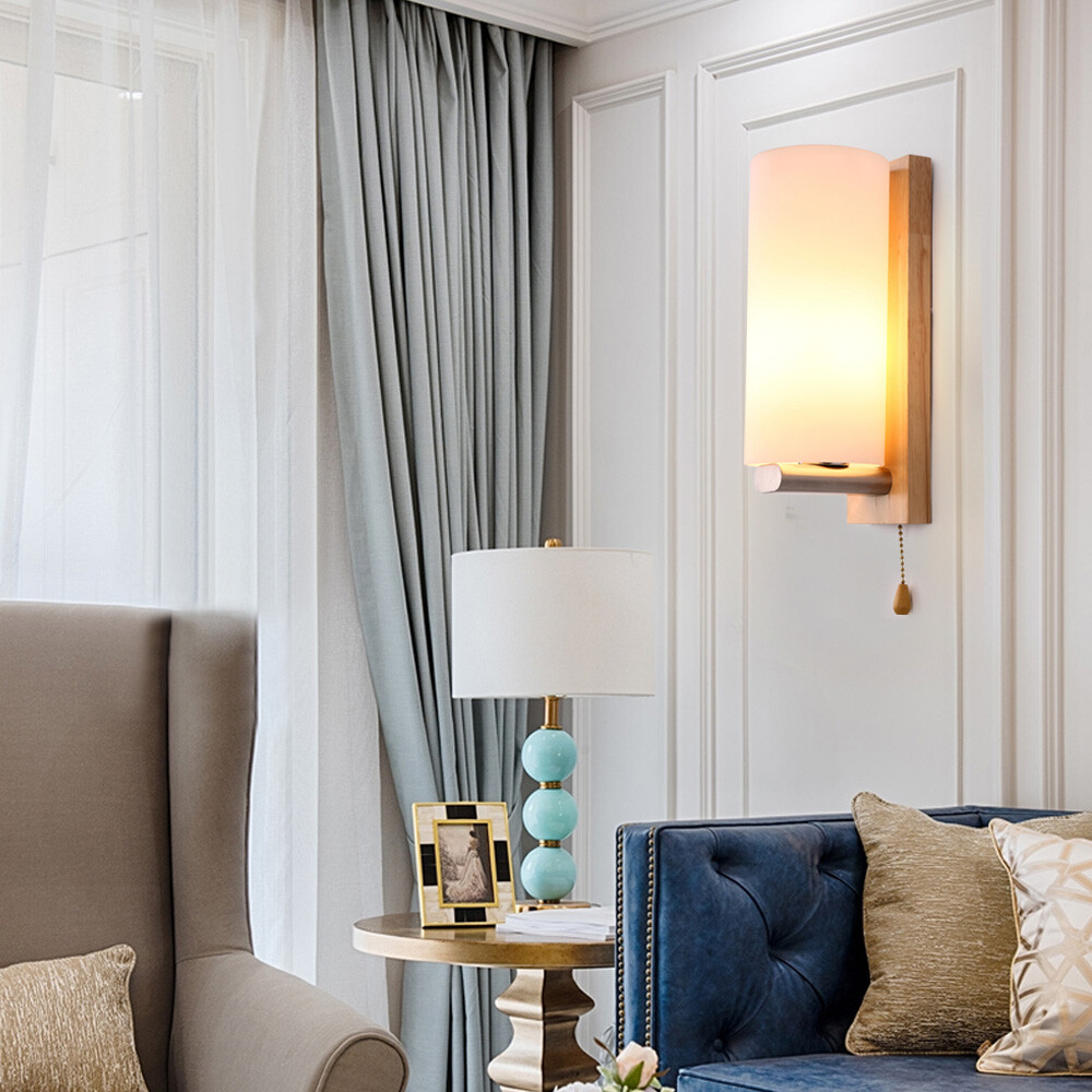 Ashtree Wood Glass Wall Lamp Hallway Wall Light Pull Switch Loft Retro 5~10㎡