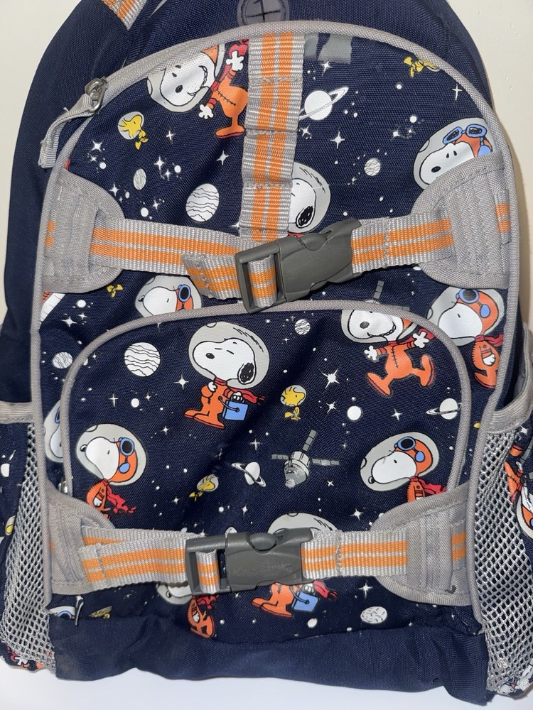 Pottery Barn Kids Snoopy Space Print Backpack Medium Navy Orange Canvas