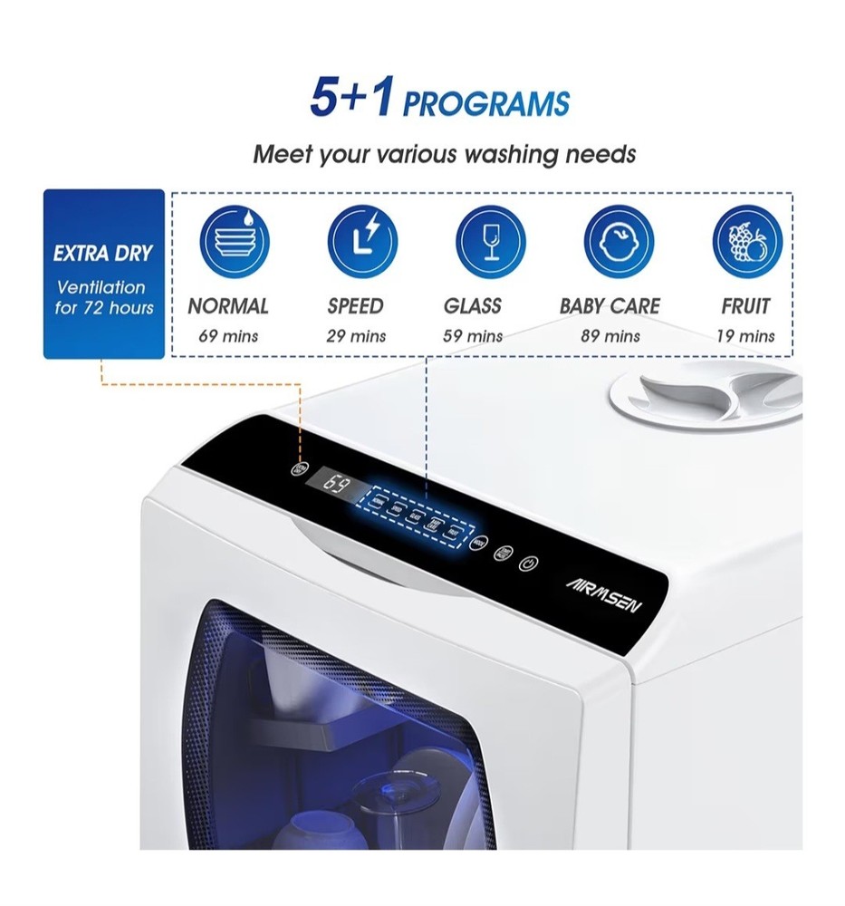AIRMSEN Portable Countertop Dishwashers, 5 Washing Programs Mini Dishwashers wit