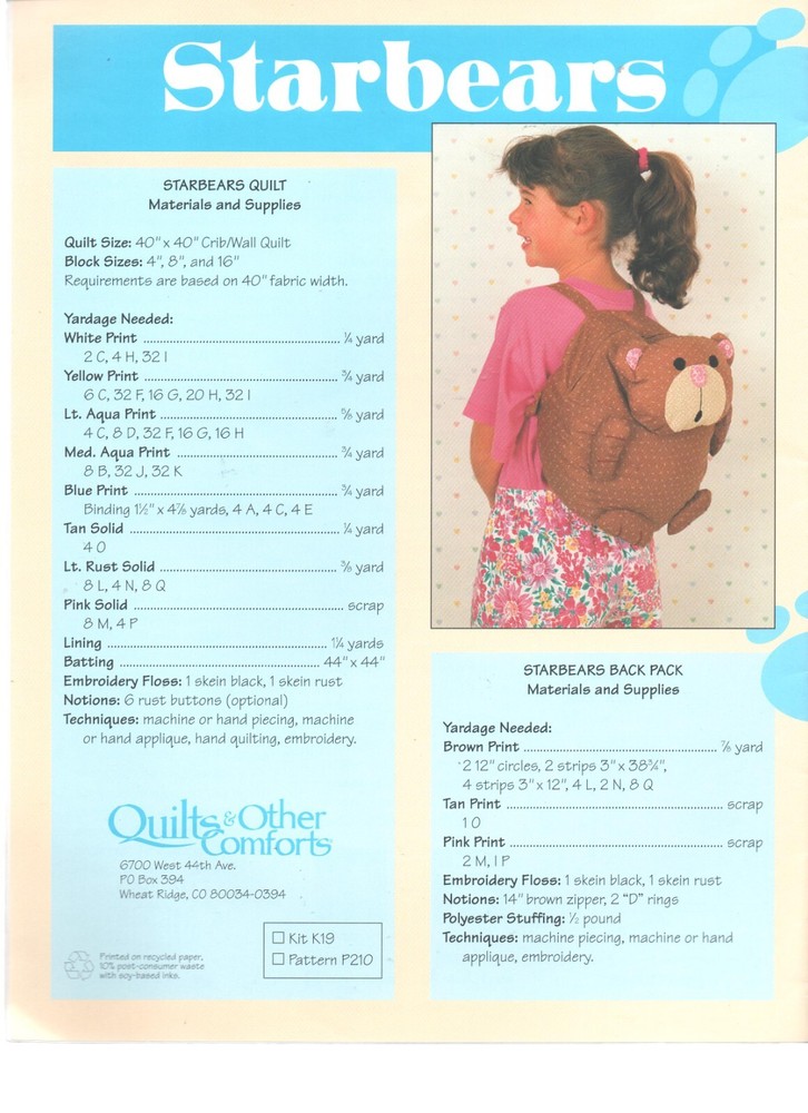 Quiltmaker Starbears 1984 Quilt, Back Pack patterns Joanne Edwards T Eisinger