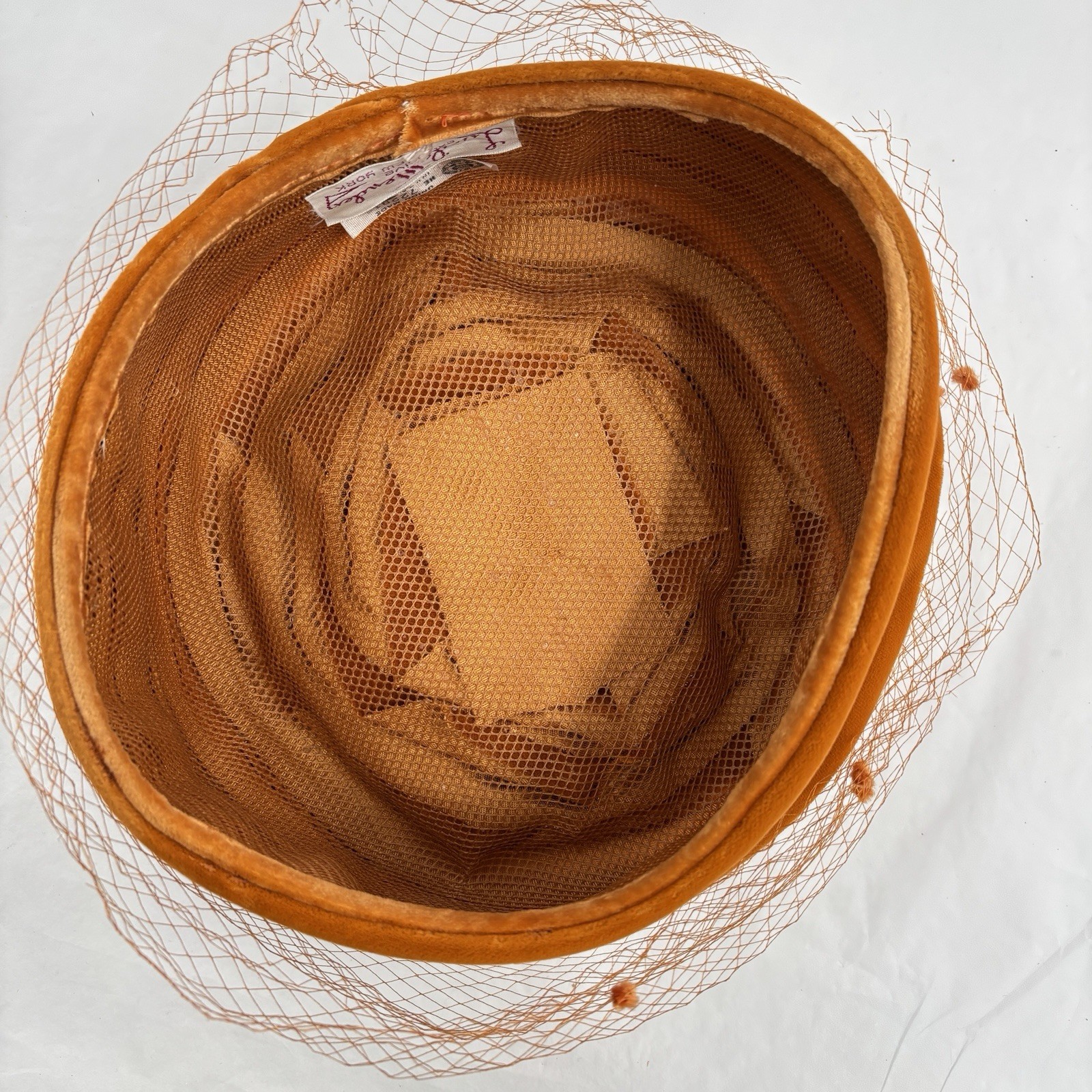 Vtg 60s Lucile Mendez Orange Velvet Hat Veil Pillbox Cocktail Mod Turban