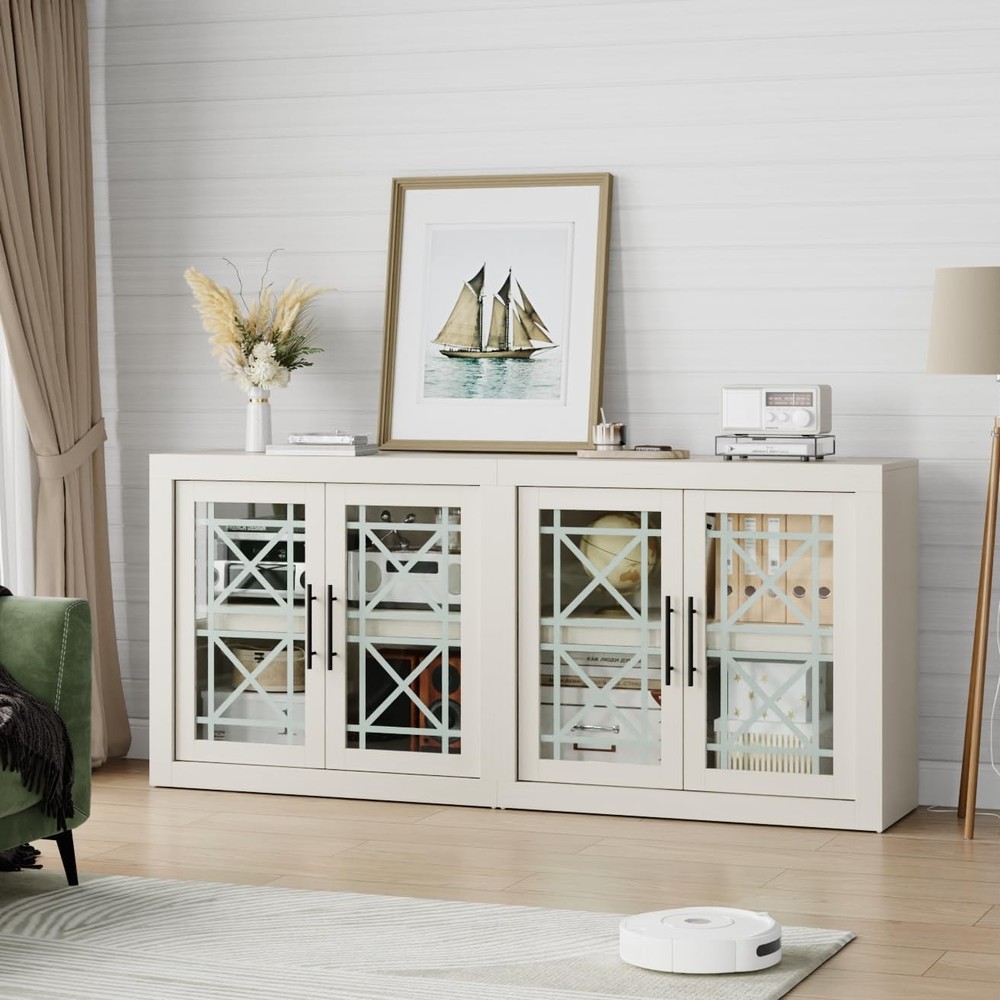 70.9" Buffet Sideboard with Storage with 4 Screen-Printed Glass Doors White