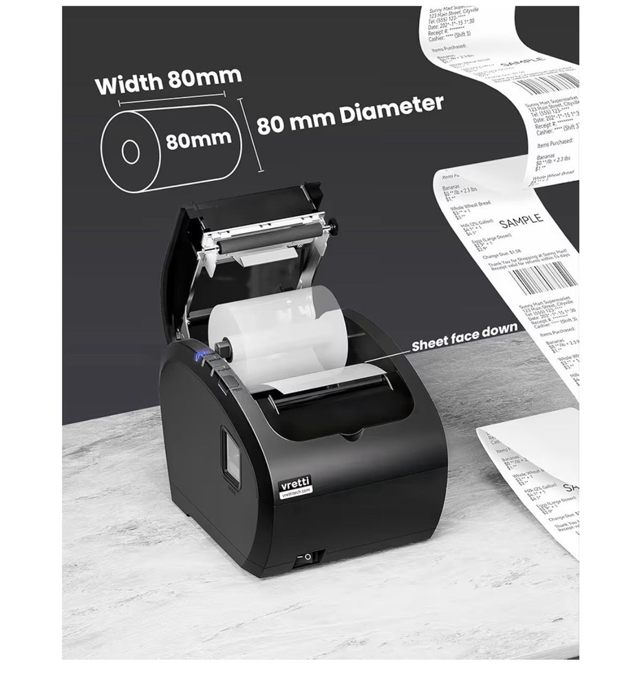 vretti Thermal Receipt Printer, 3'1/8 80mm USB POS Printer,