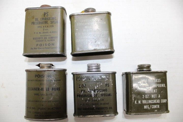 WW2 US Military Issue 2 Ounce Rifle Bore Cleaner Can Cartridge Belt Lot of 5 Can