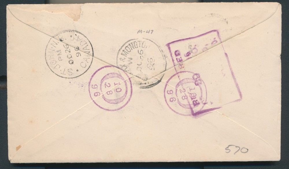 Elgin, NB - 1896 Split Ring Cancel on Registered Envelope
