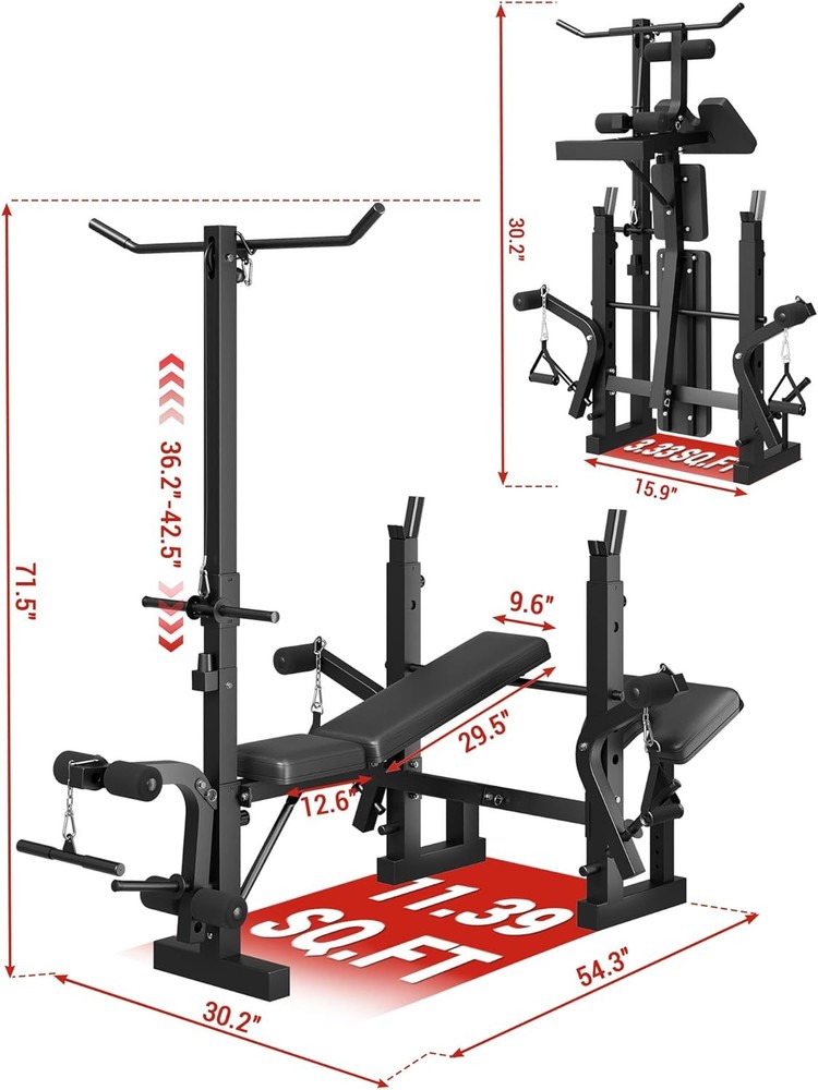 Adjustable 7-in-1 Weight Bench w Squat Rack,Leg Extension,Lat Pulldown for Home