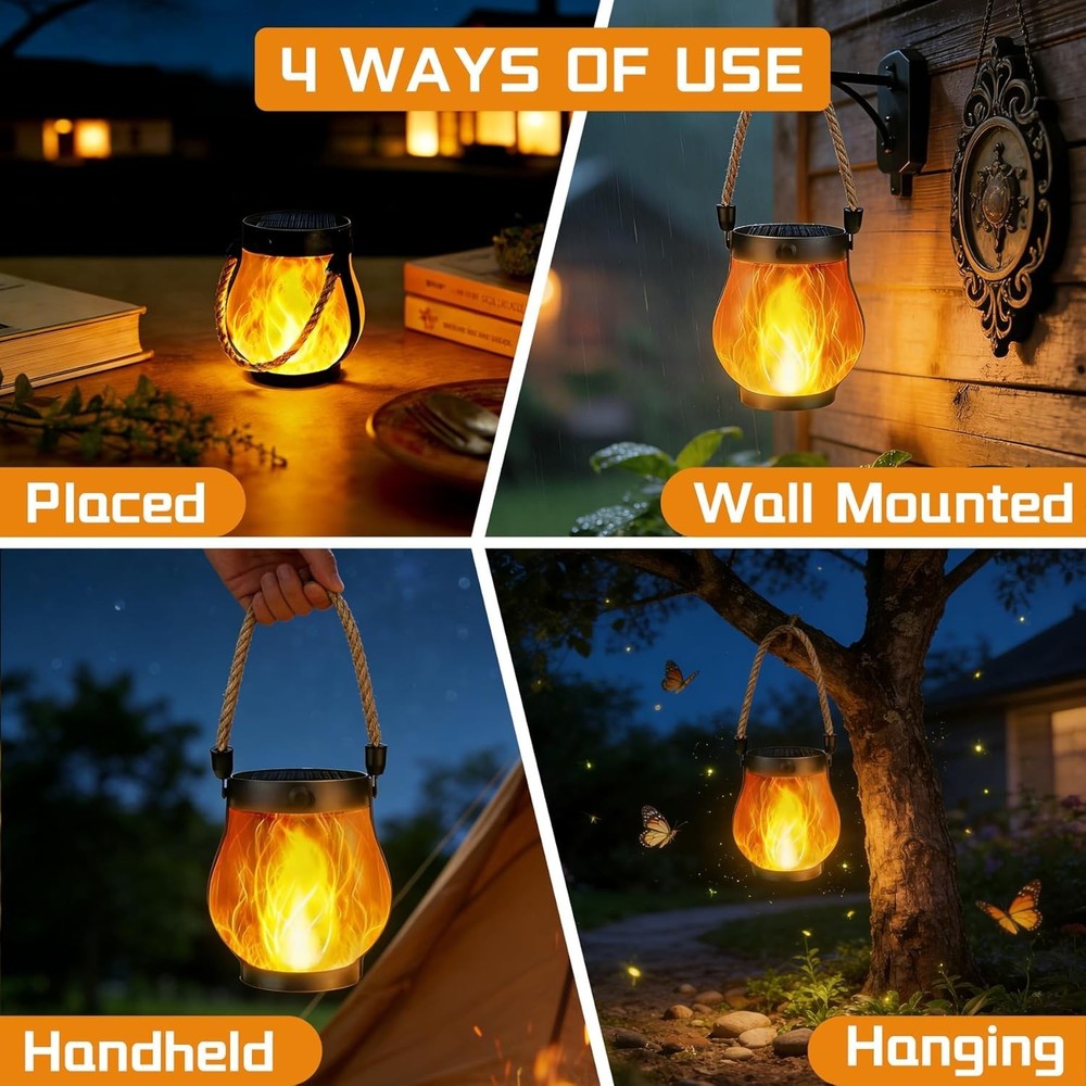 2 Pack Solar Lanterns Outdoor Waterproof, Flickering Flame Hanging Lanterns D...