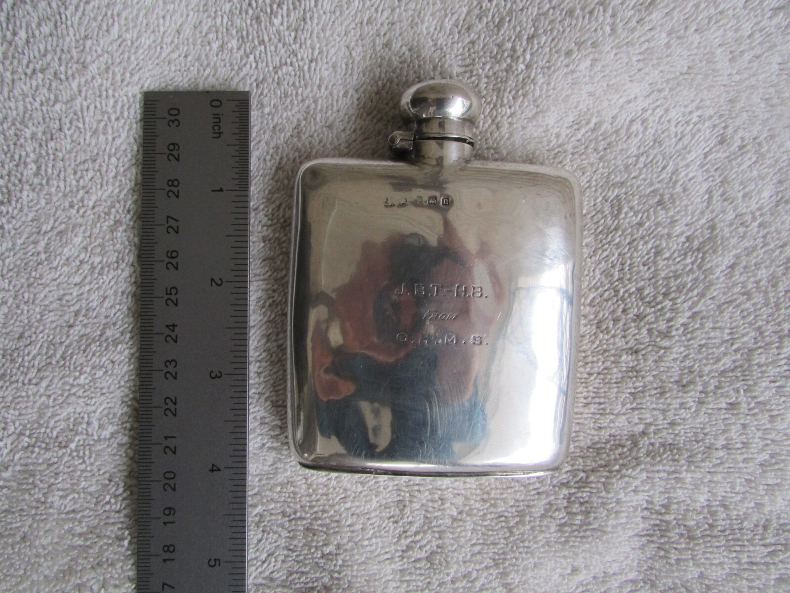Vintage Sterling Silver 4x3 inch Hip Flask Engraved / has a Hallmark marking