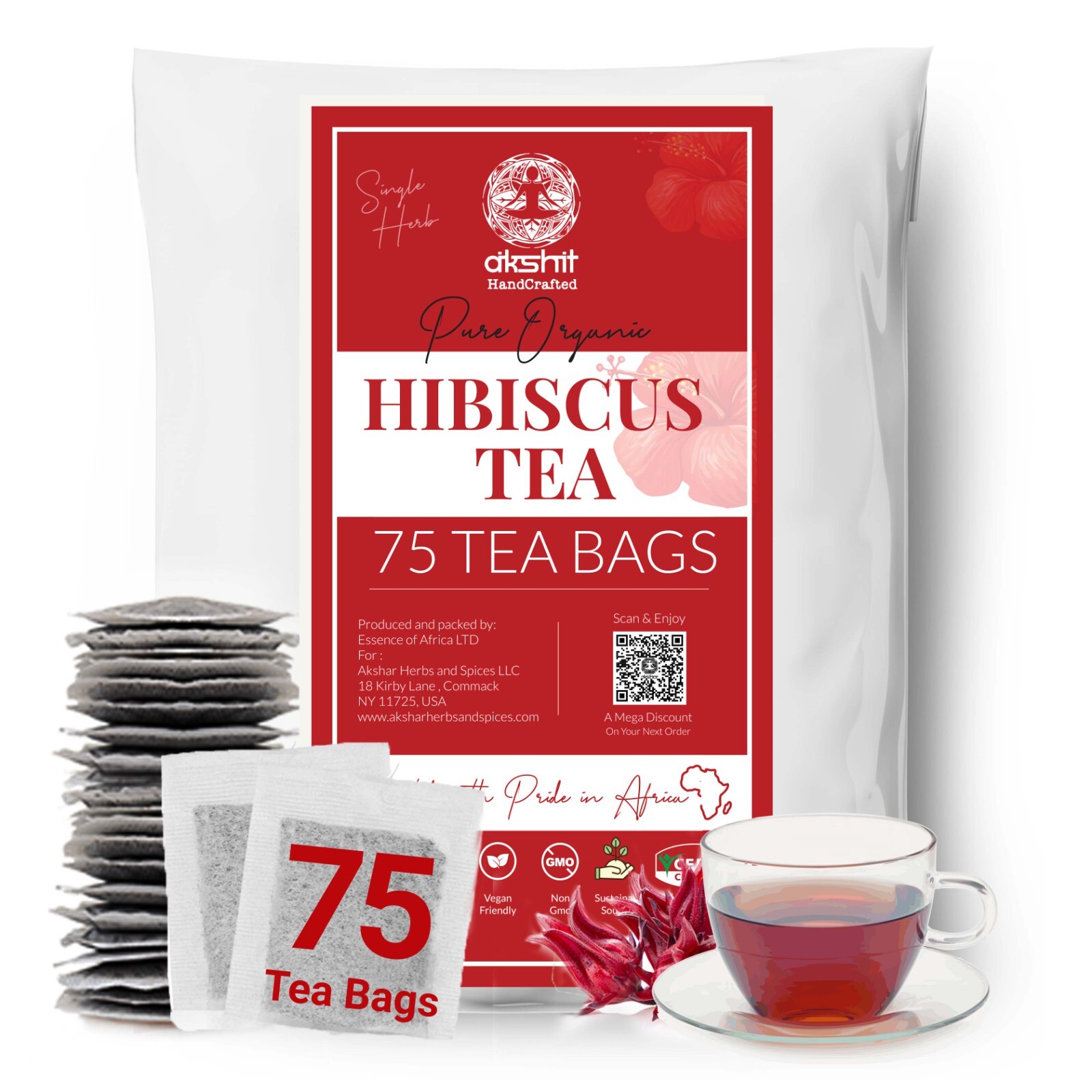 75 Organic Hibiscus Tea Bags, 100% Pure Hibiscus Flower Tea, Flor De Jamaica