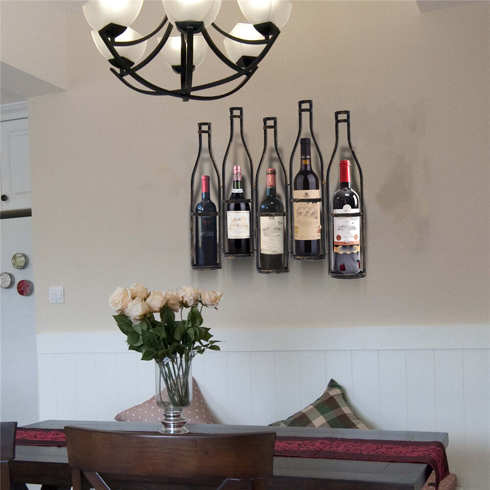 5-Bottles Wall Mounted Wine Rack Bottle Holder Kitchen Bar Wine Storage Display