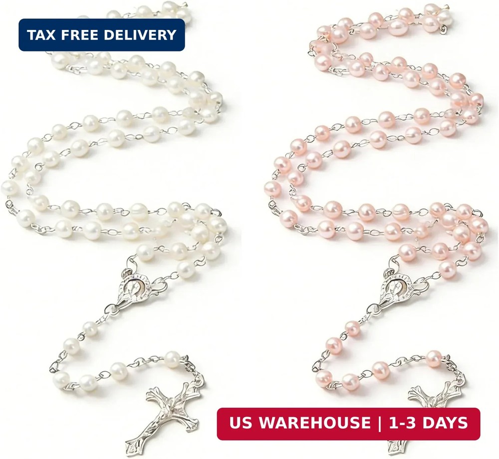 2 Pcs Catholic Rosary Beads for Women, Elegant Artificial Pearl Prayer Necklace