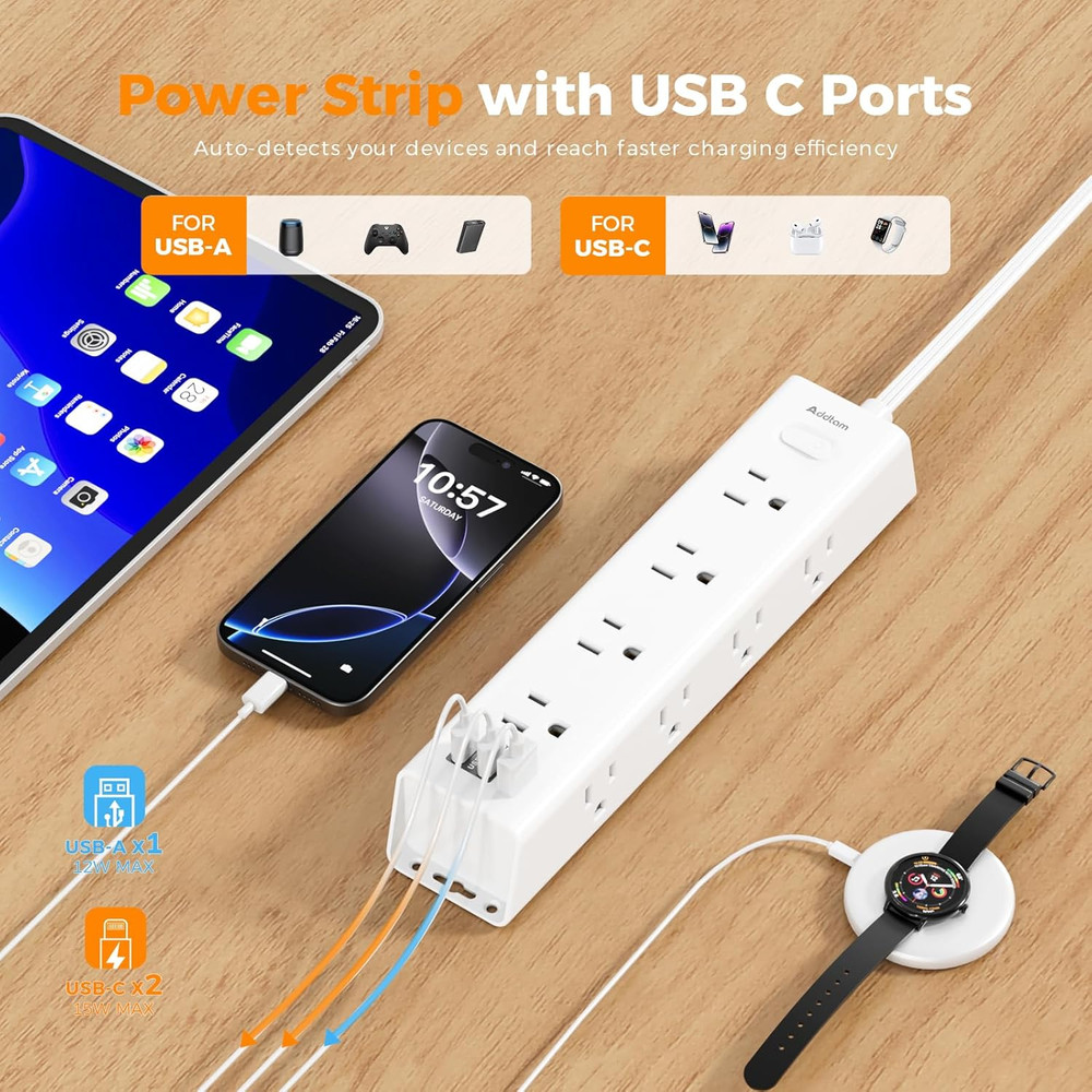 15Ft Extension Cord with Multiple Outlets, Flat Plug Power Strip Surge Protecto