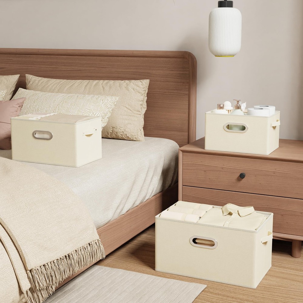 Foldable Cloth Basket with 4 Handles, Decorative Open Storage Boxes, Stackabl...