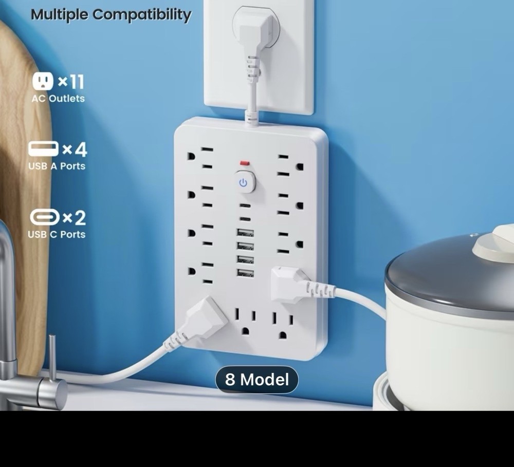 10Ft Extension Cord with Multiple Outlets, Flat Plug Surge Protector Power Strip