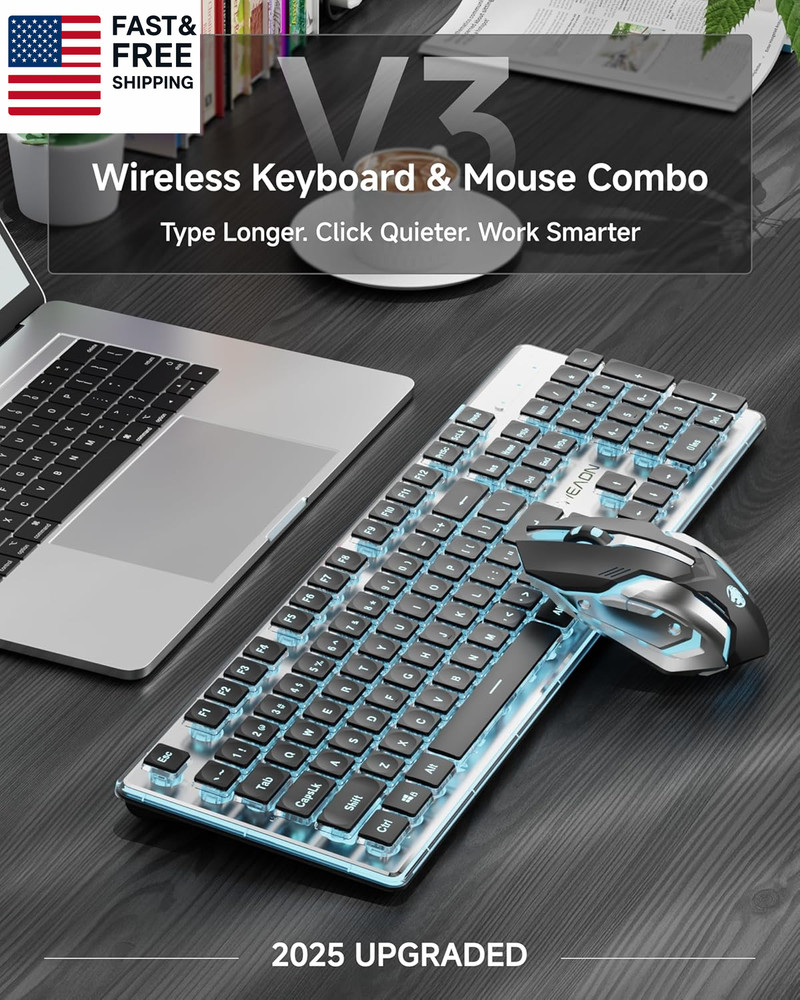V3 Wireless Keyboard and Mouse with Blue Backlit, Metal Panel, Bluetooth/2.4G