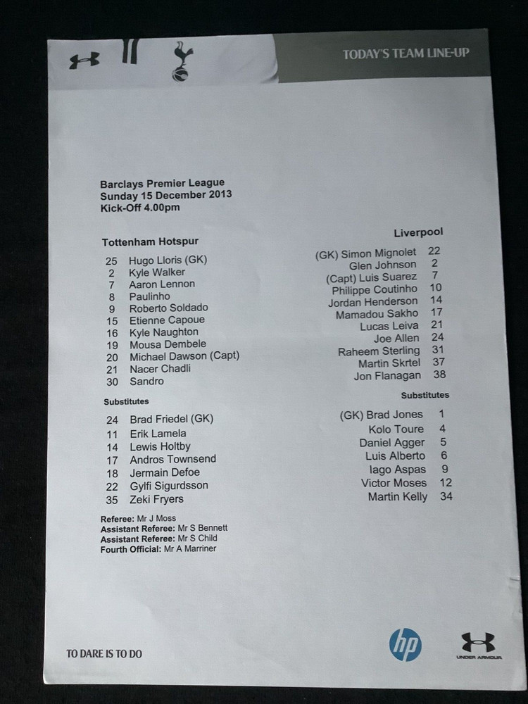 2013/14 Tottenham v Liverpool teamsheet
