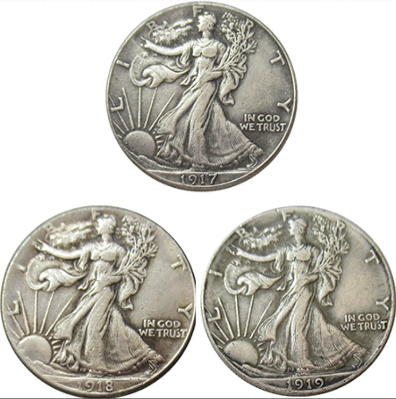 Bulk Lot of 3 1917-1919-S Half Dollar Walking Statue of Liberty Silver Coin