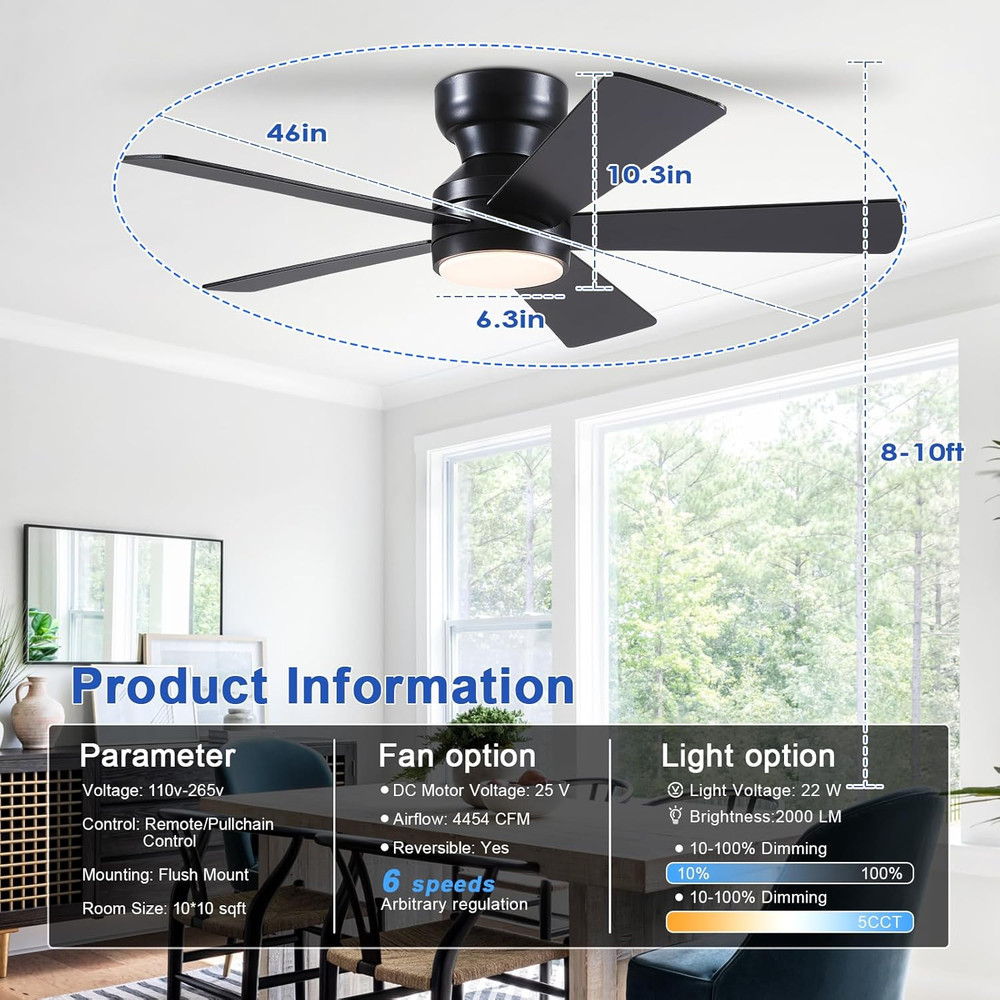 46 In Ceiling Fan with Light Remote Flush Mount 6 Speed Dimmable LED Black